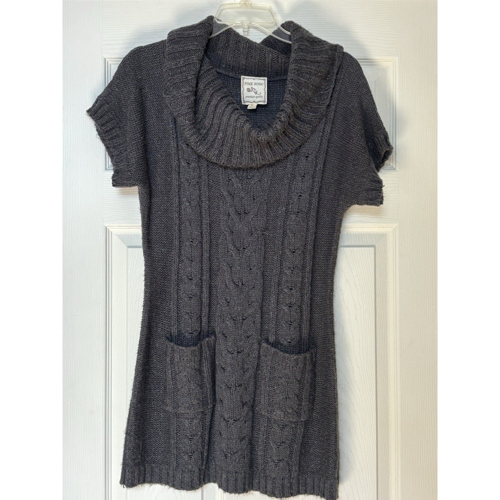 Pink Rose Short Sleeve Cable Cowl Neck  Sweater Tunic in Dark Gray Size XL